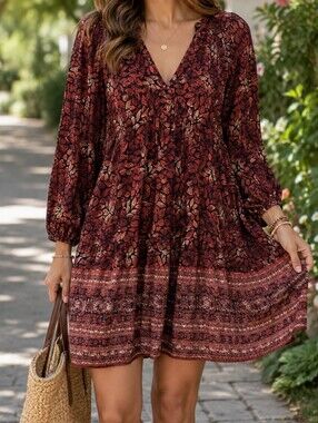 NWT APRICOT Black Burgundy Leaf Print Boho Dress Peasant Sleeve Mini Shift Dress